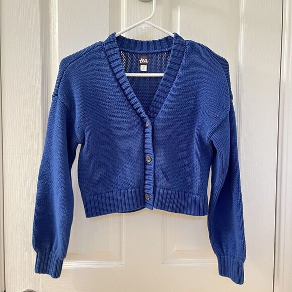 Tea Collection Blue Boxy Cardigan Sweater Cotton Girls Size Large 8-10 - Picture 1 of 14